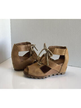 Sorel Joanie II Sandals Women's 7 Brown Leather Wedge Lace Up Open Toe Bohemian
